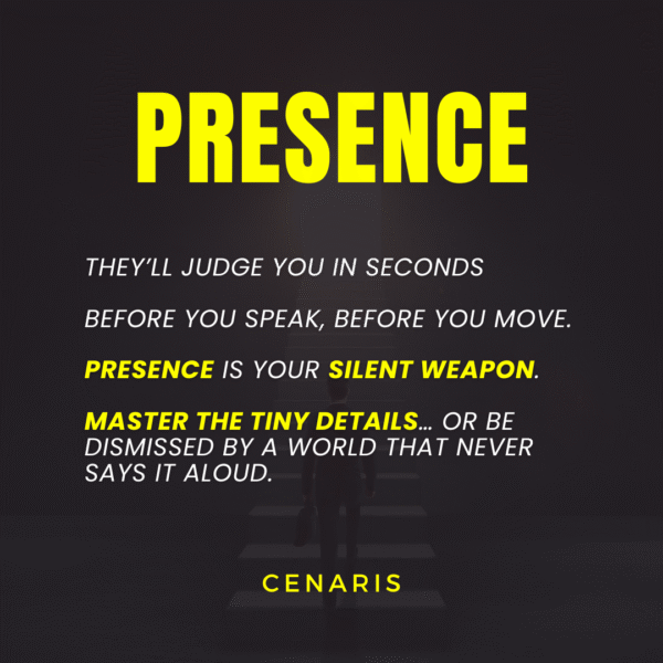 Back cover of the book Presence: Tiny Details, Massive Impact, featuring chapter highlights, a suspense-driven summary, and a bold call-to-action to master personal presence.