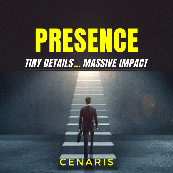 Presence: Tiny Details, Massive Impact book cover – silhouette walking confidently down a spotlighted path, representing personal power and invisible influence.