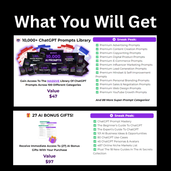 Breakdown of AI Ultimate Collection bundle showing 10,000+ ChatGPT prompts and 27 bonus gifts