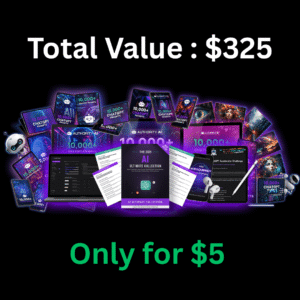 AI prompt bundle total value $325 offer for $5 showing product mockups and digital guides
