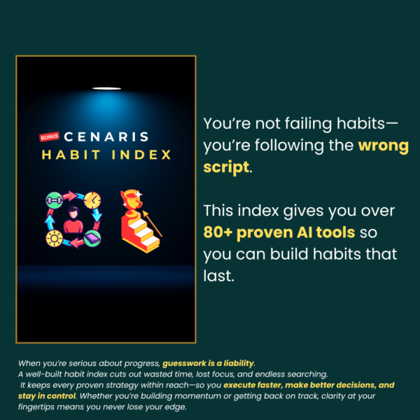 Cenaris Habit Index bonus book cover and summary of 80+ proven habit-building tools and tips.