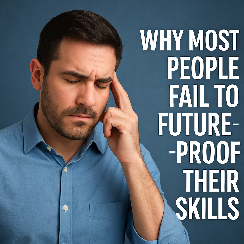 Concerned man in blue shirt with headline "Why Most People Fail to Future-Proof Their Skills" on a blue background.