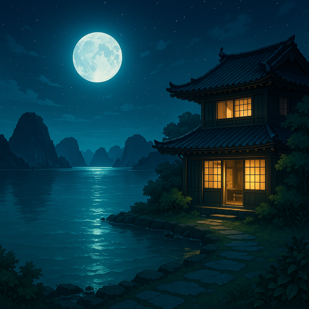 Tranquil Vietnamese seaside house at night under a full moon, anime-style.