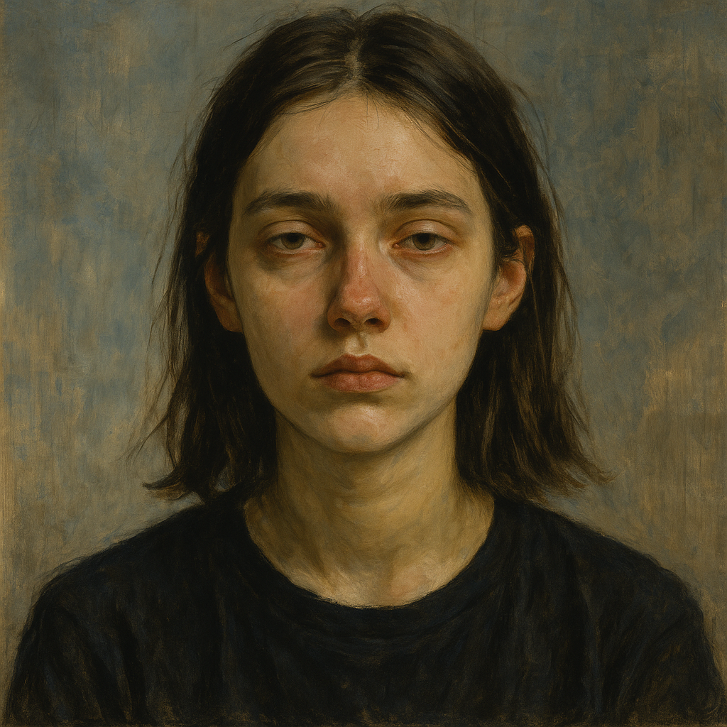Portrait of a young Gen Z woman with a blank, emotionally distant stare, symbolizing modern burnout, digital exhaustion, and social disengagement.
